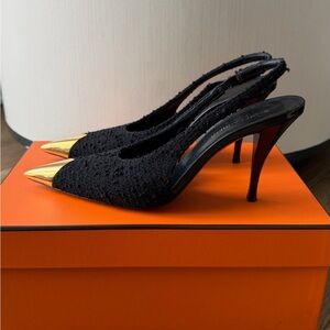 Saint Laurent Vesper Black Tweed Slingback Pointed-Toe Heels w/Gold Cap Toe 37